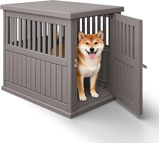 Bifanuo Dog House 30-Inch Dog Crate Furniture, Heavy Duty Dog Crate for Small Dog, Lockable Indoor Outdoor Dog Kennel & End Table, Decorative Plastic Pet Cage (Grey)