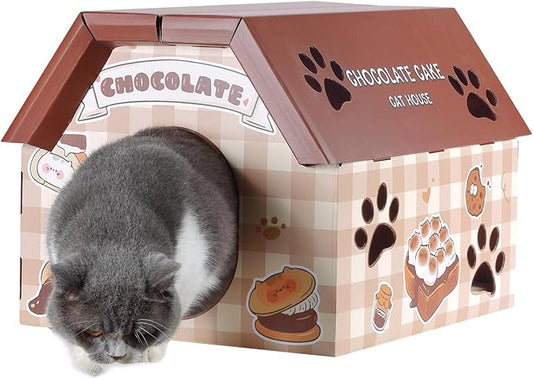 Cardboard Cat House with Scratcher - Chocolate Cake Carton Cat Box - 18''L x 15.5''W x 14''H for Cats up to 20 Lbs, Sturdy Kitty Playhouse & Hideaway - Indoor Feline Scratch Toy