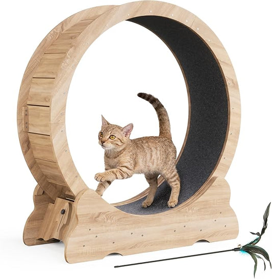 Cat Wheel, 35.4 Inch Cat Exercise Wheel for Indoor Cats Treadmill with Detachable Carpet and Teaser, for Running Walking Training, Natural Wood
