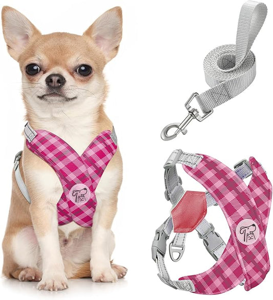 Pawaboo Small Dog Harness and Leash Set, Puppy Harness X-Frame No Pull No Choke, Dog Vest Harness Adjustable for Small Medium Sized Dogs,Soft Breathable Pet Harness for Walking Outing, S, Pink Plaid