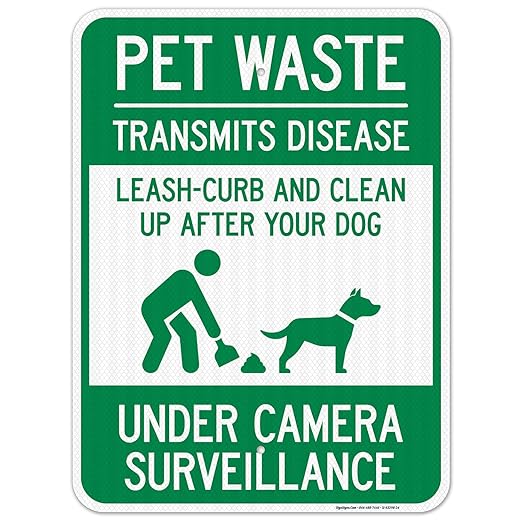 Pet Waste Leash-Curb and Clean Up After Your Dog Under Camera Surveillance Sign, 18x24 Inches, 3M EGP Reflective .080 Aluminum, Fade Resistant, Made in USA