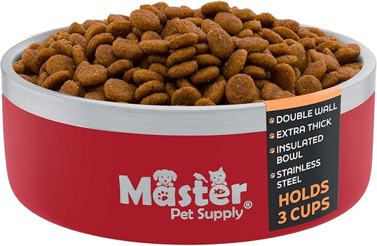 Master Pet Supply Stainless Steel Dog Bowls - 25 oz, Heavy Duty - Crimson Flame, Double Wall Extra-Thick Insulated, Non-Slip Pet Water Bowl for Dogs, Cats & Pets, Anti Rust Metal, Dish Washer Safe