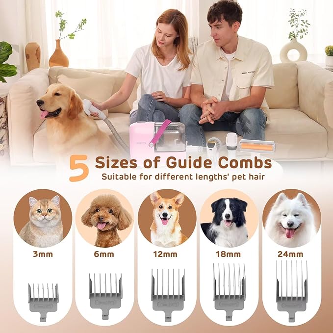 Dog Grooming Vacuum Kit - 3L Vacuum with 7 Tools, Low Noise Electric Clipper and Brush for Pet Shedding at Home, Pink