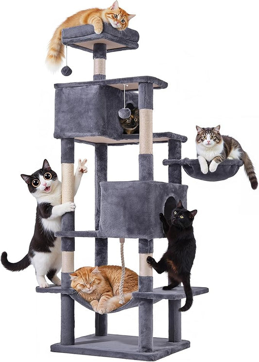 Cat Tree for Indoor Cats, 66 Inches Cat Tower with Scratching Post, Multi-Level Climbing Tree Cat House Padded Plush Perch, Cat Condo Activity Center with Pompoms, Kittens Pet Play House, Dark Gray