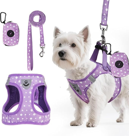 PAWCHIE Dog Harness and Leash Set, Step in No Pull Soft Pet Harness, Reflective Adjustable Puppy Vest for Small Medium Dogs Cats,No Choke Harness Vest with Poop Bag Holder for Walking,Running,Purple S