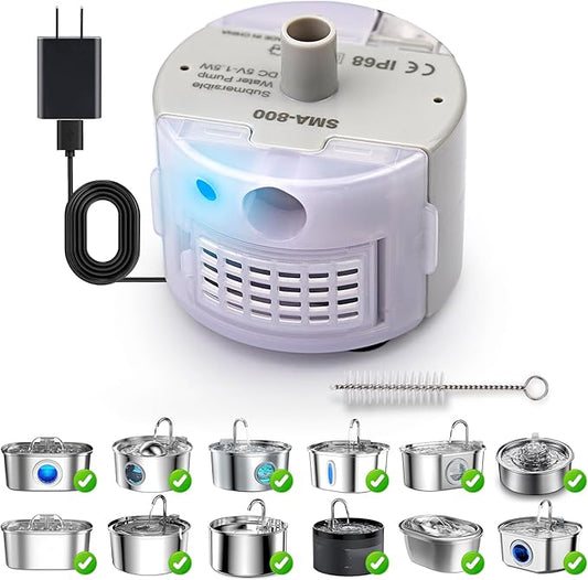 Cat Water Fountain Pump, Pet Water Fountain Replacement Pump SMA-800 Submersible Motor for Stainless Steel Indoor Cat Fountain Pump Replacement(Pump With Adapter&Brush)