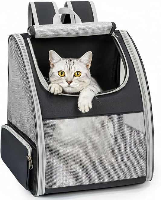 Cat Backpack Carrier for Small Dogs and Cats Fit Up to 15 Lbs,Small Dog Backpack, Foldable with 3-Side Mesh Windows, Pet Carrier for Travel & Hiking Friendly，Gray