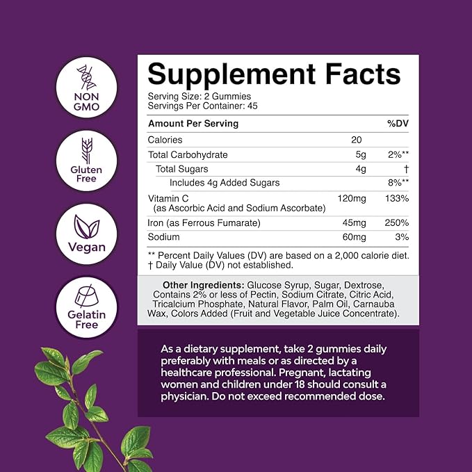Extra Strength Iron Gummies for Women and Men - Potent 45mg per Serving Chewable Iron Supplement for Women and Men with Vitamin C for Higher Absorption - Vegan Daily Iron Gummy No Artificial Flavors