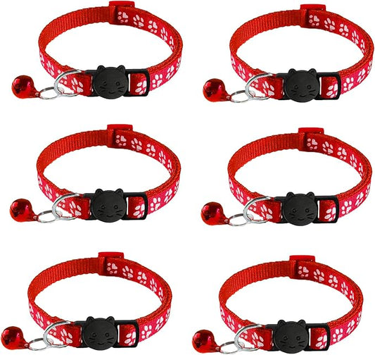 6 Pack Breakaway Cat Collar with Bells, Claw Print Design, Safety Buckle Kitten Collars, 0.4 Inches Width Lightweight, Adjustable 7.5-12.5 Inches Suitable for Girl Boy Cats