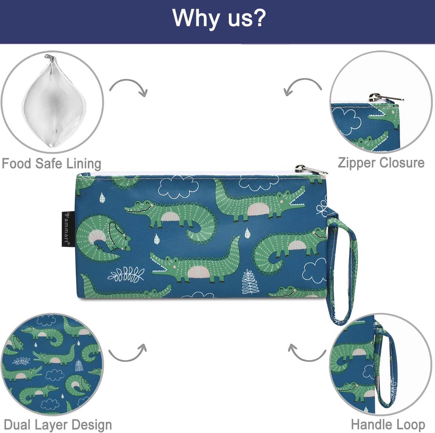 Reusable Sandwich Bag/Snack Bag for Kids & Adults, Dual Layer Lunch Bag with Handle, Washable, Food Safe, BPA Free (2-Pack, Green Crocodile)