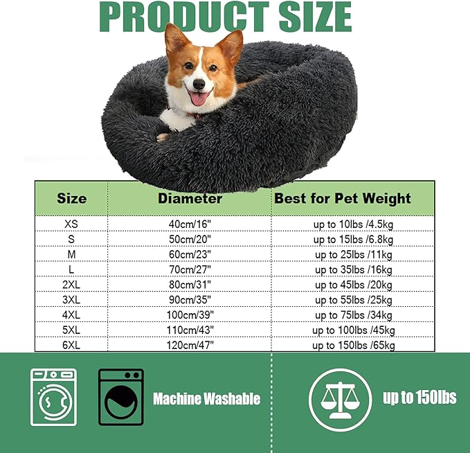 Calming Faux Fur Dog Beds Calming Donut Cuddler Dog Bed Washable Round Cat Bed Pillow Cuddler Fluffy Indoor Dog Calming Beds with Anti Slip Bottom Solid Color Black 35 Inch