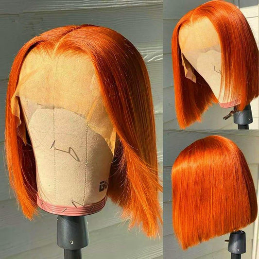 Guebb Glueless # 350 Ginger Orange 13X4 Hd Transparent Lace Front Bob Wig Human Hair Pre Plucked Lace Frontal Short Blunt Cut Bo