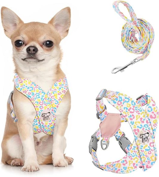 Pawaboo Small Dog Harness and Leash Set, Puppy Harness X-Frame No Pull No Choke, Dog Vest Harnesses Adjustable for Small Medium Sized Dogs,Soft Breathable Pet Harnesses, S, Colorful Leopard