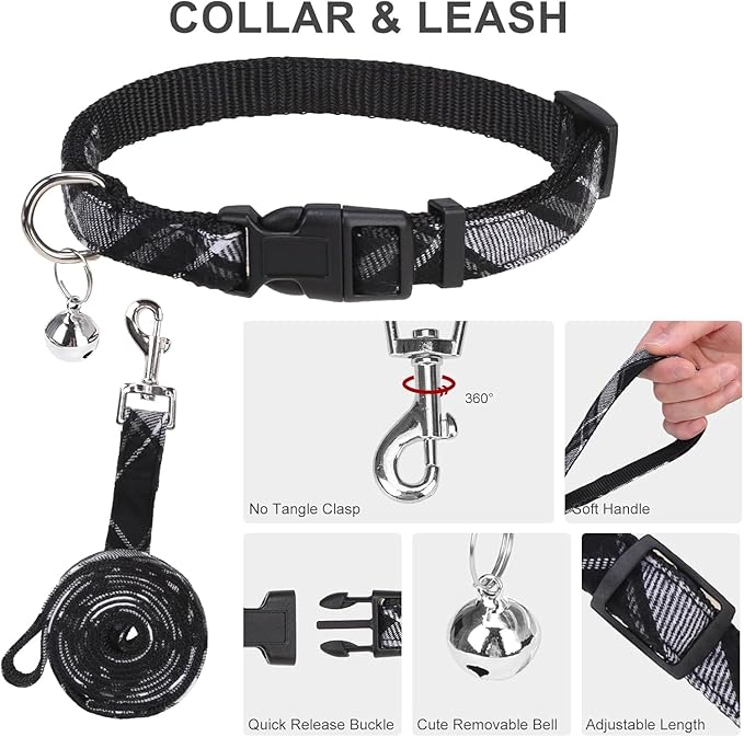 EXPAWLORER Classic Plaid Puppy Harness - Dog Collar and Leash - Soft Mesh Padded Adjustable Step in Small Dog Vest Harness No Pull, Reflective Escape Proof for Outdoor Walking, Black XXS