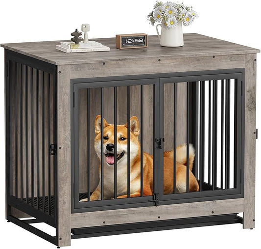 Dog Crate Furniture, 38 Inch Indoor Dog Kennel for Medium Dogs Up to 50 LBS, Heavy Duty Wooden Pet Cage End Table with 3 Doors, Alloy Steel Frame & Removable Tray