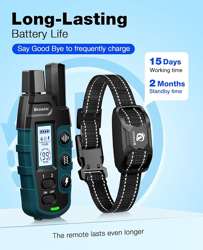 Bousnic Dog Shock Collar - 3300Ft Training Collar with Remote for 5-120lbs Small Medium Large Dogs Rechargeable Waterproof e Collar with Beep (1-8), Shake(1-16), Safe Shock(1-99) Modes (Black)