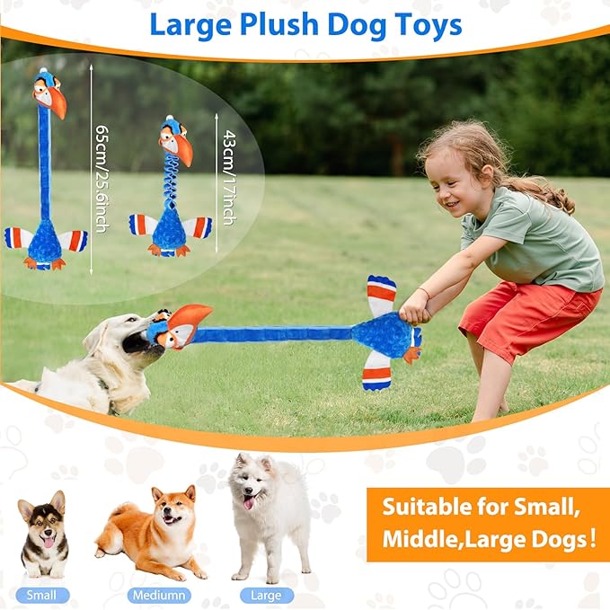 Squeaky Dog Toys for Large Dogs, Tough Tug of War Puppy Toy, Cute Animal Design Plush Dog Toys with Crinkle Paper, Dog Chew Toys for Small, Medium and Large Dogs