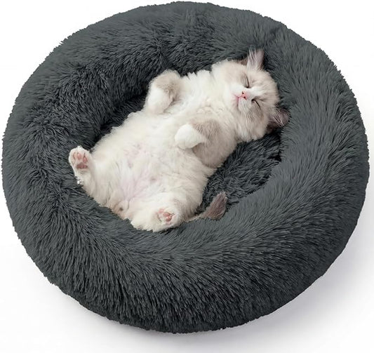 Calming Dog Bed, 24" x 24" x 6" Fits Cat & Dog, Anti-Slip Round Washable Faux Fur for Doze Off, Napping Orthopedic, Dark Grey