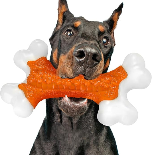 Indestructible Dog Toys for Aggressive Chewers: Peanut Butter Flavored Hard Nylon Bone Chew Toys, Tough Dog Chew Toys for Large Dogs, Dog Toys to Keep Them Busy for Medium Large Breed, Orange