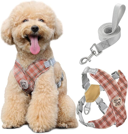 Pawaboo Small Dog Harness and Leash Set, Puppy Harness X-Frame No Pull No Choke, Dog Vest Harness Adjustable for Small Medium Sized Dogs,Soft Breathable Pet Harness for Walking Outing, M, Khaki Plaid