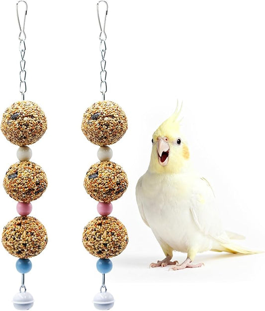 Bird Toys, 2 Pack Chew Toy with 3 Natural Cereal Foraging Balls for Cage, Parakeet Toys, Chew Toy Ball for Budgies, Cockatiels, Lovebirds, Green Cheeks, Small to Medium Birds