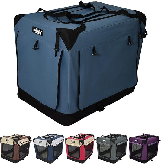 EliteField 4-Door Folding Soft Dog Crate with Curtains, Carrying Bag and Fleece Bed (2 Year Warranty), Indoor & Outdoor Pet Home (42" L x 28" W x 32" H, Blue Gray+4 Door Curtains)