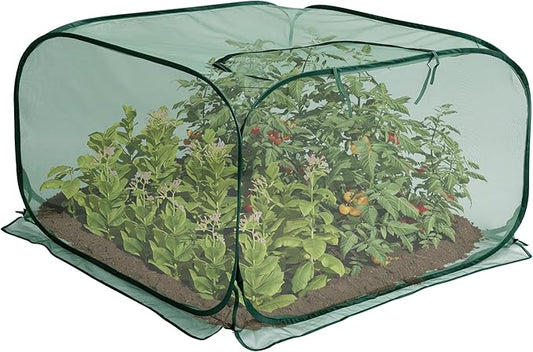 35" x 35" x 27.5" Pop Up Mesh Plant Cover, Foldable Plant Protector Mesh Plant Enclosure, Garden Net Cage Guard Cover with 4 Ground Stakes for Protecting Plant Vegetable Fruit from Birds Insects