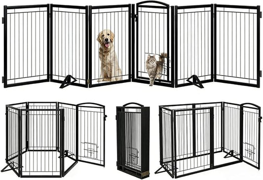 Metal Free Standing Dog Gate with Cat Door for Indoor/Outdoor,120" Extra Wide Foldable Pet Gate,32" Tall Foldable Indoor Dog Fence for Large Openings Stairs,Deck,Yard,Doorways(6 Panels,Black)