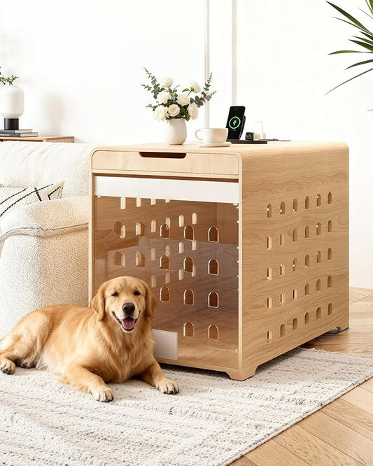 Modern Dog Crate Furniture with Charging Station Large Kennel Indoor with Flip-up Hidden Acrylic Door for Large and Medium Breeds up to 110lb Wood Pet End Side Table Cage, Oak