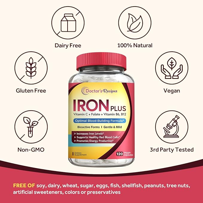 Doctor's Recipes Iron Supplement for Women Men - Gentle Iron Bisglycinate with Vitamin C, B6, Folate & B12 - Non-Constipating & Stomach Friendly Iron Pills for Blood & Energy Support, 120 Vegan Caps