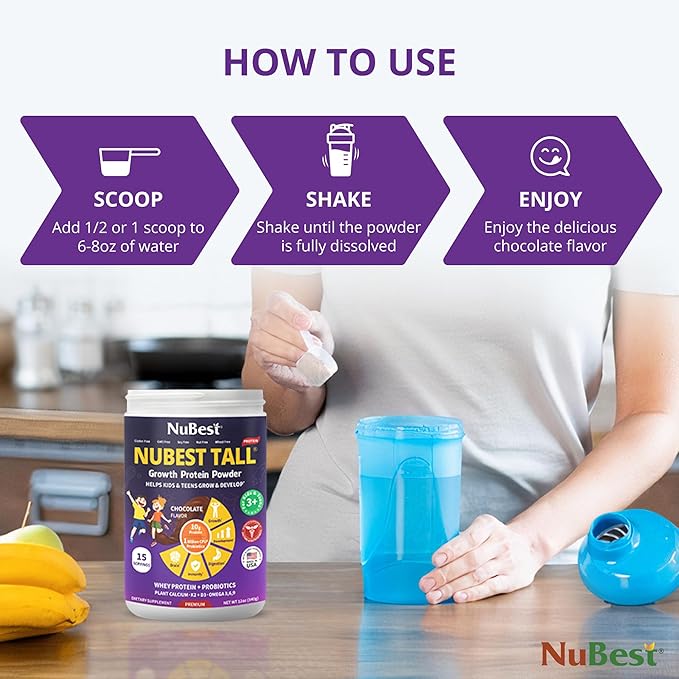 NuBest Tall Protein Powder for Kids & Teens - Chocolate Protein Powder with Red Algae Calcium, Probiotics, Omega 3-6-9, Vitamin D3 K2 & Magnesium from Marine Algae - Bone Strength & Immunity - Pack 2
