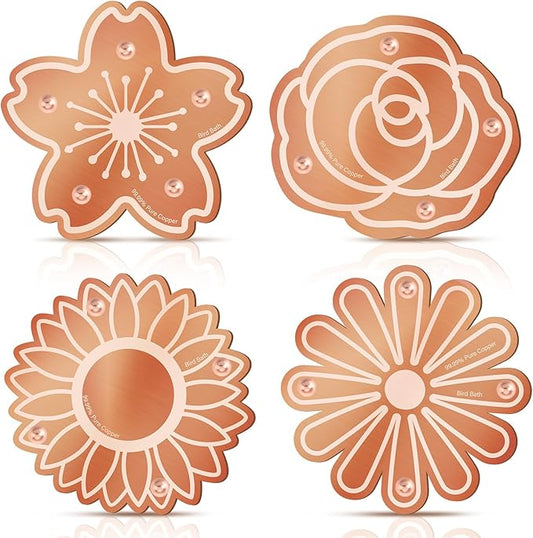 4 Pack Bird Bath Copper Disk Bird Bath Purification Disk with Triple-Point Support 99.99% Pure Copper Water Cleaner for Outside Bowl, Physical Safe Clean Water (Flowers)