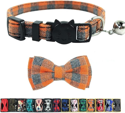 Cat Collars Breakaway with Bell and Bow Tie, Plaid Design Adjustable Safety Kitty Kitten Collar(6.8-10.8in) (Orange Plaid)