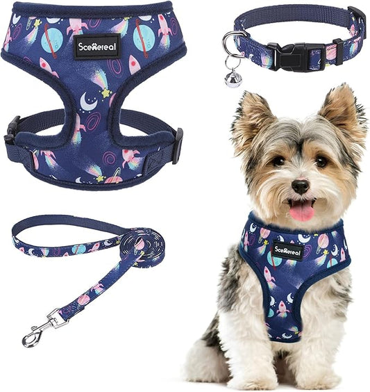 SCENEREAL Small Dog Harness Collar and Leash Set, Adjustable No Pull Pet Harnesses, No Chock Soft Mesh Vest for Doggie Puppy Medium Dogs Cats Girl or Boy,Chihuahua, Yorkie, Outdoor Walking