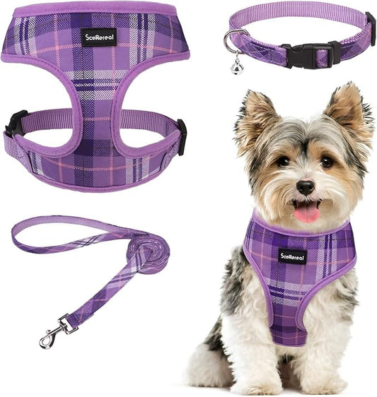 SCENEREAL No Pull Dog Harness Collar and Leash Set Small Medium Sized Dog, Soft Mesh Puppy Harnesses, No Chock Plaid Adjustable Pet Vest for Outdoor Walking Training and Running, Purple XS