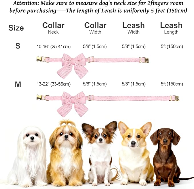 Dog Collar and Leash Set with Bowtie, Girl Dog Collars Metal Buckle Adjustable for Small Medium Dogs (Purple, M: Neck 13"-22" Leash 5 FT)