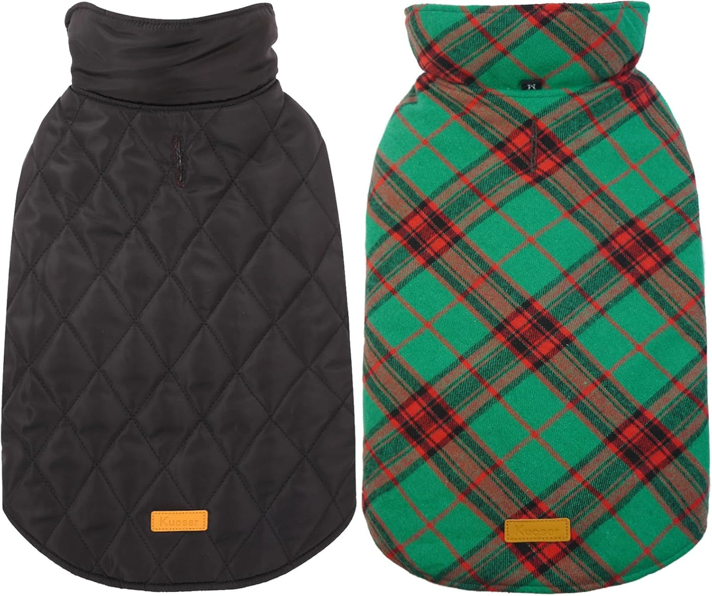 Kuoser Waterproof Dog Coat, Reversible Dog Jacket for Small Dogs, Adjustable Durable Doggie Winter Coat Warm Cozy Puppy Cold Weather Apparel from Small to Large Breed, Christmas Green S