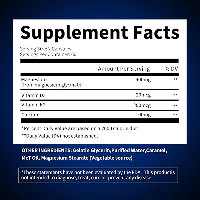Magnesium Supplement Softgels, Easy Absorption Magnesium Glycinate Gelatin Capsule 400mg, High Bioavailability Magnesium for Sleep & Calm Support, Nervous, Muscle & Bone Health