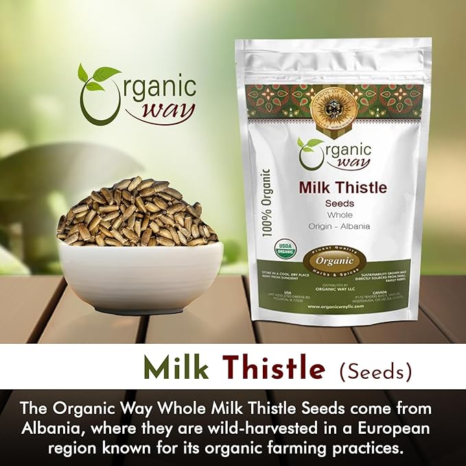 Organic Way Whole Milk Thistle Seeds (Silybum marianum) - European Wild-Harvest, Organic & Kosher Certified, Vegan, Non GMO & Gluten Free, USDA Certified, Origin - Albania (2 Oz)