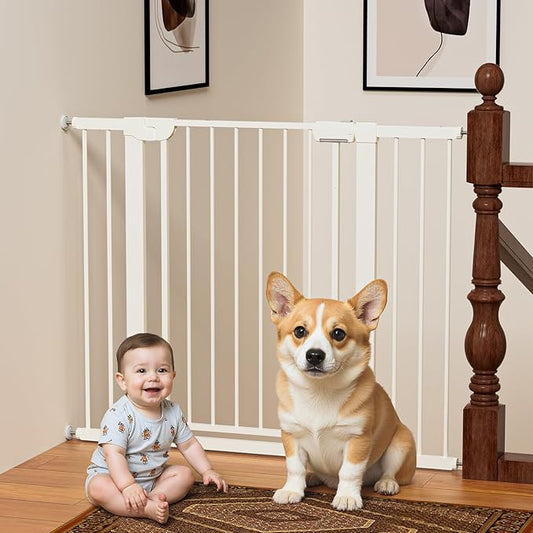29.5-46" Magnetic Baby Gate for Stairs, Baby Safety Essentials, Auto Close Gate for Doorways, Easy Install Pressure Mounted Dog Gate Indoor, Pet Gates for Dogs, White