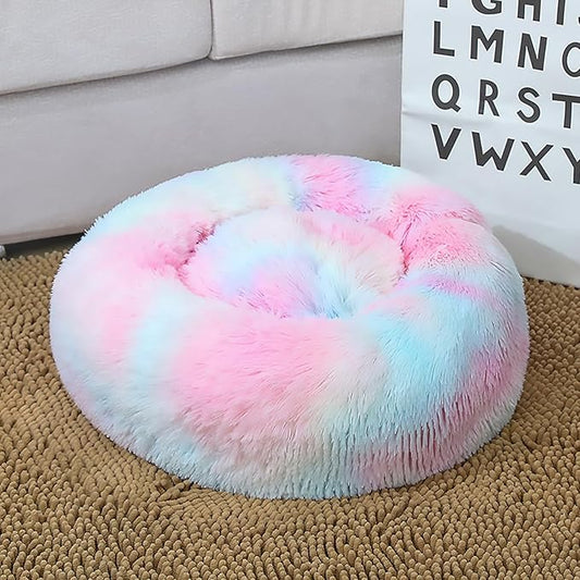 Calming Dog Bed for Small Dogs, Calming Donut Cuddler Pet Bed Anti Anxiety Round Dog Bed Fluffy Plush Faux Fur Cat Bed,Colorful Pink,27.5IN