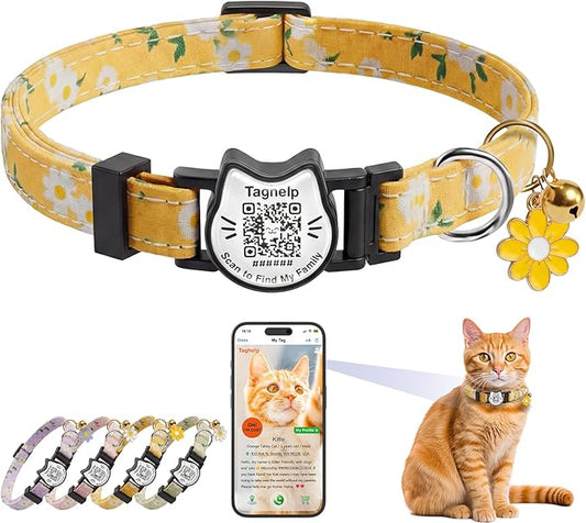 Breakaway Cat Collar with QR Code ID Tag, Adjustable Cotton Kitten Collar with Bell, Scan to Find My Family Personalized Pet Info, Cute Flower Design for Indoor Outdoor Cats,Flower Pendant(Yellow)