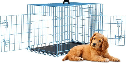 Dog Crates for Small Dogs 30" Folding Mental Wire Crates Dog Kennels Outdoor and Indoor Pet Dog Cage Crate with Double-Door,Divider Panel, Removable Tray,Blue