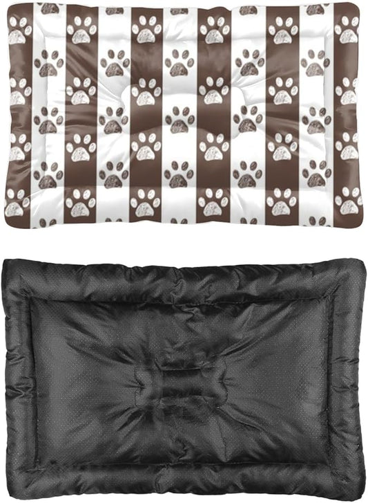 Brown Paw Print Stripes Dogs Bed Furniture Dog Crate Mat Dog Bed Pads for Crates Crate Washable Non-Slip Beds for Crates Beds Medium Dogs Mat Kennel Accessories Indoor Outdoor 36X24 Inch
