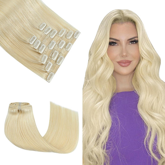Honsoo Hair Extensions Platinum Blonde Human Hair 120G 16 Inch 7Pcs Natural Double Weft No Shedding No Tangling Remy Human Hair