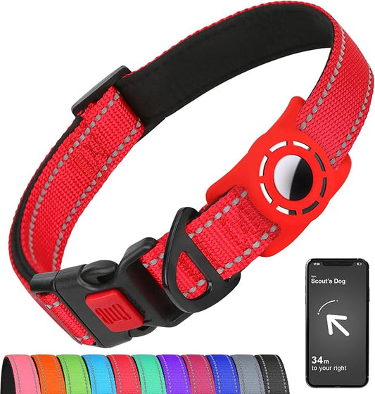Airtag Dog Collar with AirTag Holder for Large Dogs, Reflective, Soft Padded & Safety Locking Buckle, Nylon Pet Collars Adjustable for All Breeds, Red,L