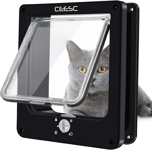 CEESC Medium Cat Door for Interior/Exterior Door, Weatherproof, Black, Rotary 4 Way Locking Pet Door for Cats & Dogs with Circumference < 15.75", Upgraded Version