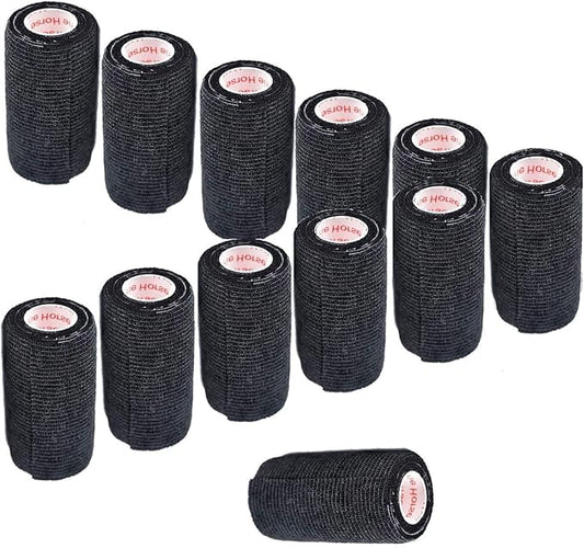 3 Inch Vet Wrap Tape Bulk (Black) (Pack of 12) Self Adhesive Adherent Adhering Flex Bandage Grip Roll for Dog Cat Pet Horse