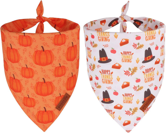 PTDECOR Thanksgiving Fall Dog Bandanas, Orange White Reversible Holiday Pet Scarf, Happy Thanksgiving Pumpkin Triangle Thanksgiving Bandanas for Medium Large Dogs Pets (Large)