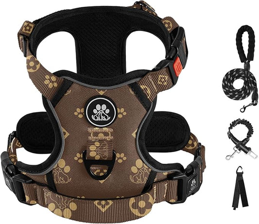 IVY&LANE No Pull Dog Harness with Leash Set, Reflective No Choke Pet Vest,Adjustable Oxford Dog Vest Harness with Easy Control Handle for Large Dogs (Dark Brown,L)